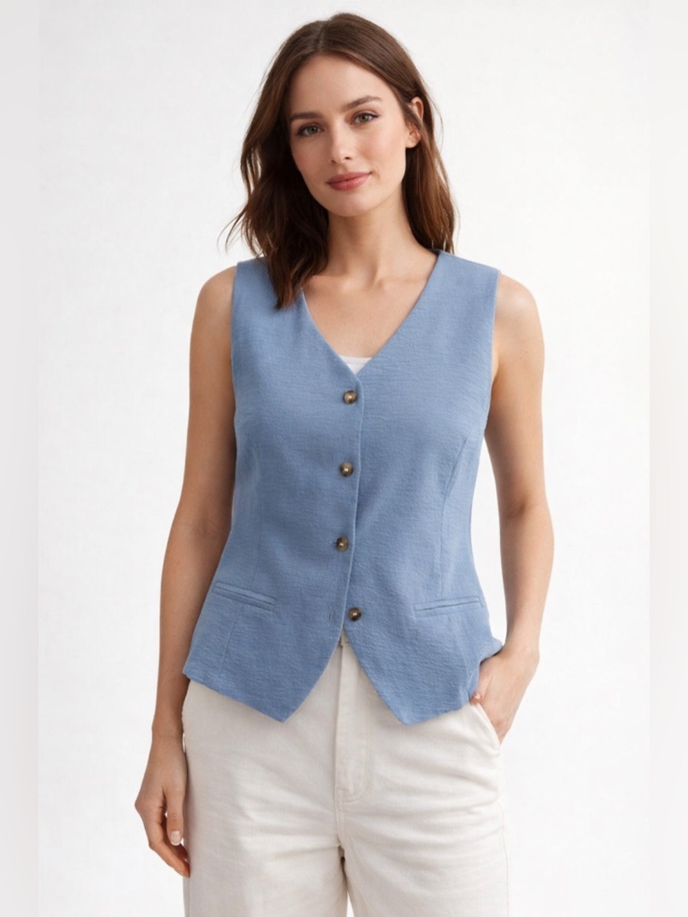 Monteau Blue Vest - Women's Sleeveless Button Down Top - Size XL